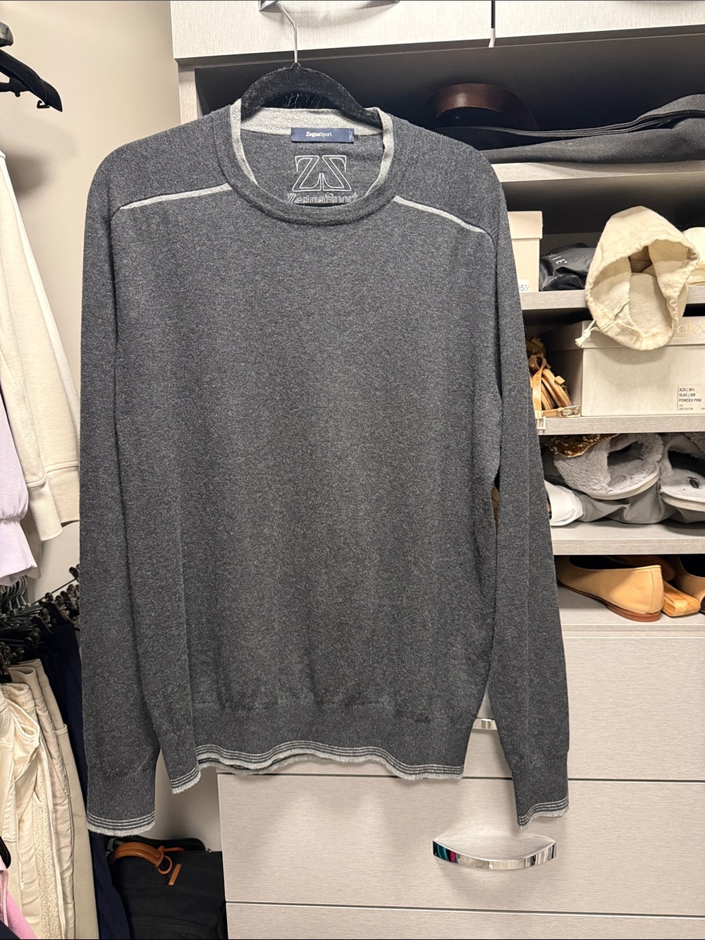 Zegna Sport sz 560 XL Men's Charcoal Crewneck Sweater with Contrast Trim